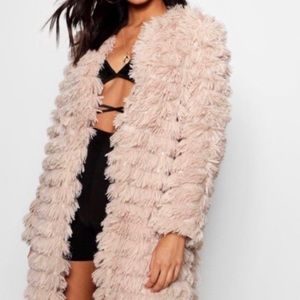 BOOHOO Satin Lined Silky Soft Layered Shaggy Fur Coat/Jacket